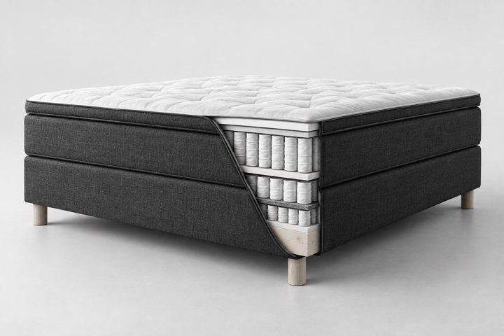 Querschnitt eines Boxspringbetts mit den verschiedenen Matratzenschichten